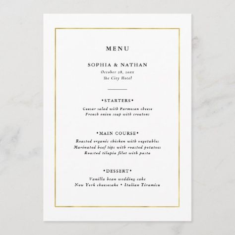 $2.47 | Modern Minimal | Faux Gold Border Wedding #wedding dinner menu, rehearsal dinner menu, entree choice, white, elegant, simple, classy, modern and minimalist, gold frame, gold Wedding Buffet Menu, Wedding Elegant Classy, Midnight Blue Wedding, Rehearsal Dinner Menu, Wedding Food Menu, Elegant Wedding Menu, Wedding Dinner Menu, Event Menu, Zazzle Wedding