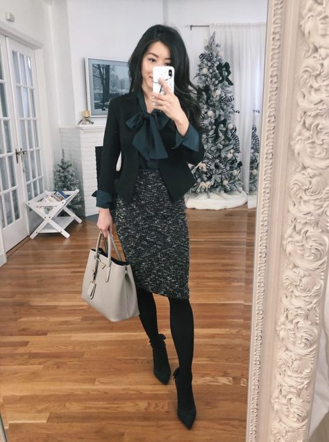 What to wear to work in the winter - professional tights outfits - extra petite Winter Work Outfits, Simple Work Outfits, What To Wear To Work, Tights Outfits, Professional Work Outfit, Extra Petite, Winter Work, Tweed Pencil Skirt, Black Outfits