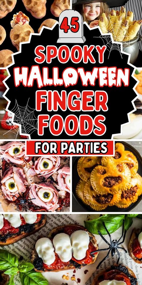 Quick and easy Halloween finger foods for parties, including spooky appetizer recipes and cute Halloween party treats for potlucks and movie nights. Snacks For Potluck, Finger Foods Halloween, Easy Halloween Finger Foods, Appetizer Recipes Easy Finger Foods, Halloween Finger Foods For Parties, Halloween Party Finger Foods, Quick Halloween Snacks, Cute Halloween Desserts, Halloween Food Hacks