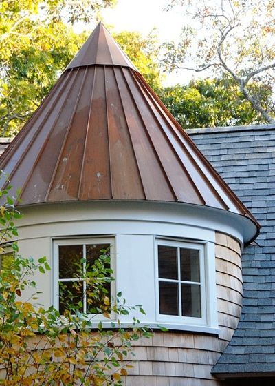 Conical roof Copper Roofing, Roof Cap, Victorian Exterior, Roofing Ideas, Fibreglass Roof, Cool Tree Houses, Pergola Attached To House, Copper Roof, Roof Architecture