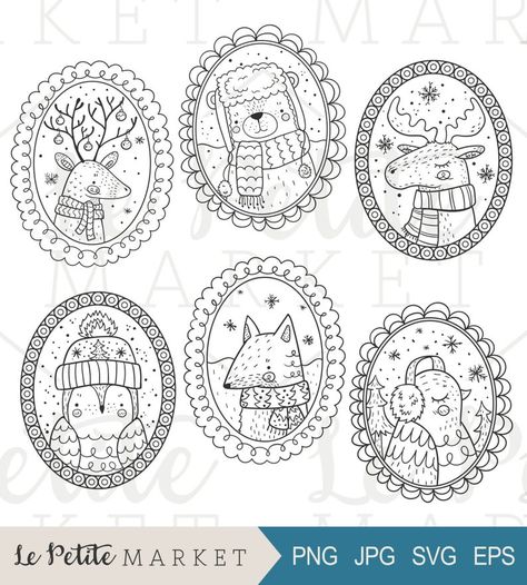 Winter Wald, Arte Doodle, Hand Drawn Portraits, Holiday Clipart, Snowman Painting, Animal Portraits, Forest Creatures, Winter Animals, 자수 디자인