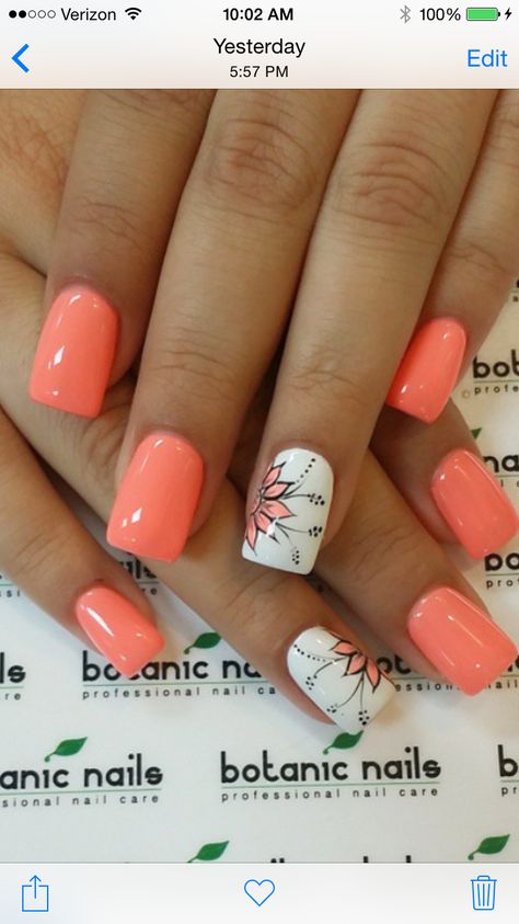 Botanic Nails, Peach Nails, Coral Nails, Cute Gel Nails, Short Acrylic Nails Designs, Dipped Nails, Floral Nails, Fancy Nails, Short Acrylic Nails