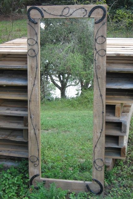 Perfect! Dollar Store Mirror, Store Mirror, Horse Room, Western Crafts, Barb Wire, Barn Wood Projects, Old Barn Wood, Horseshoe Crafts, Casa Country