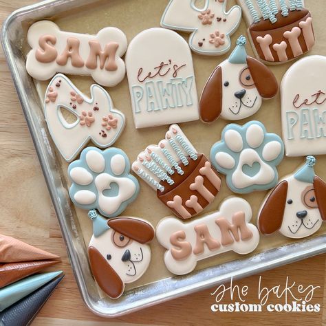 Lets Pawty Birthday Cookies, Dog Themed Birthday Party Cookies, 1st Birthday Cake Puppy Theme, Puppy Shaped Cookies, Two Let The Dogs Out Party Cookies, Dog Birthday Party Cookies, Puppy Birthday Party Cookies, Puppy Theme Cookies, Dog Themed Cookies Royal Icing