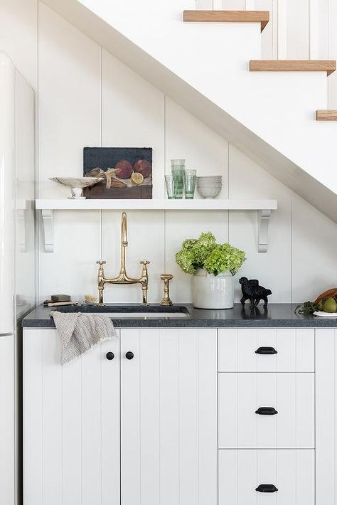 W Design Collective, Gorgeous White Kitchen, Basement Kitchenette, Polished Nickel Faucet, Wood Handrail, Herringbone Wood Floor, W Design, White Shiplap, White Quartz Countertop