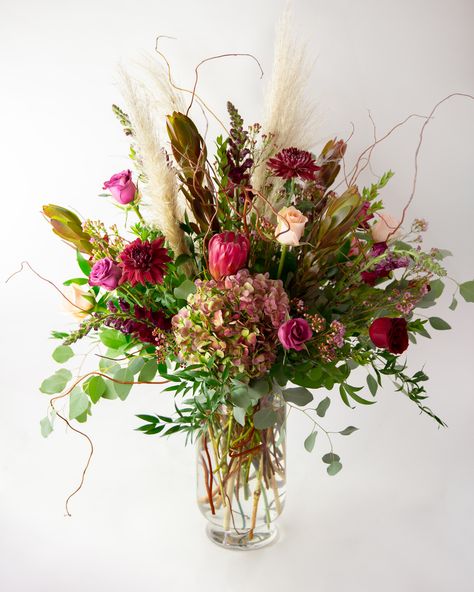 Bloom And Plume, Flower Arrangements With Pampas, Arrangements With Pampas, Statement Arrangement, Valentine Arrangements, Black Magic Roses, Beach Grass, Floral Arranging, Curly Willow