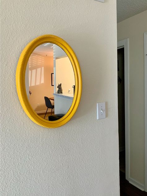 Yellow oval mirror Oval Mirror Diy, Oval Mirror Decor, Picture Of A Mirror, Yellow Bedroom Walls, Yellow Mirror, Yellow Wall Decor, Retro Games Room, Yellow Mirrors, Thrifted Items