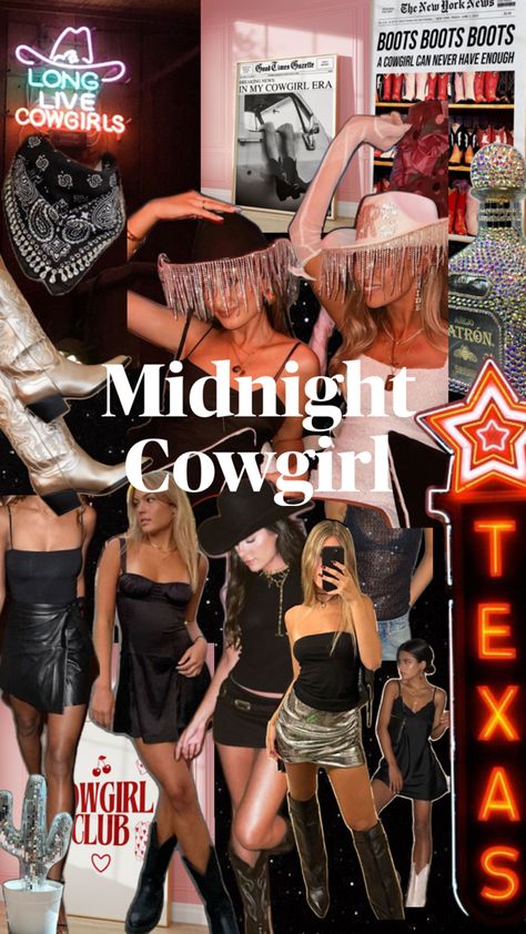 Cowgirl Theme Bachelorette Party Outfit, Black Night Bachelorette, Midnight Cowgirl Bachelorette, 21st Country Theme, Nashville Bday Party, Bachlorette Themes Outfits Nashville, Country Western Theme Party Outfits, Bachelorette Party Ideas Disco Cowgirl, Bach Party Themes Cowgirl