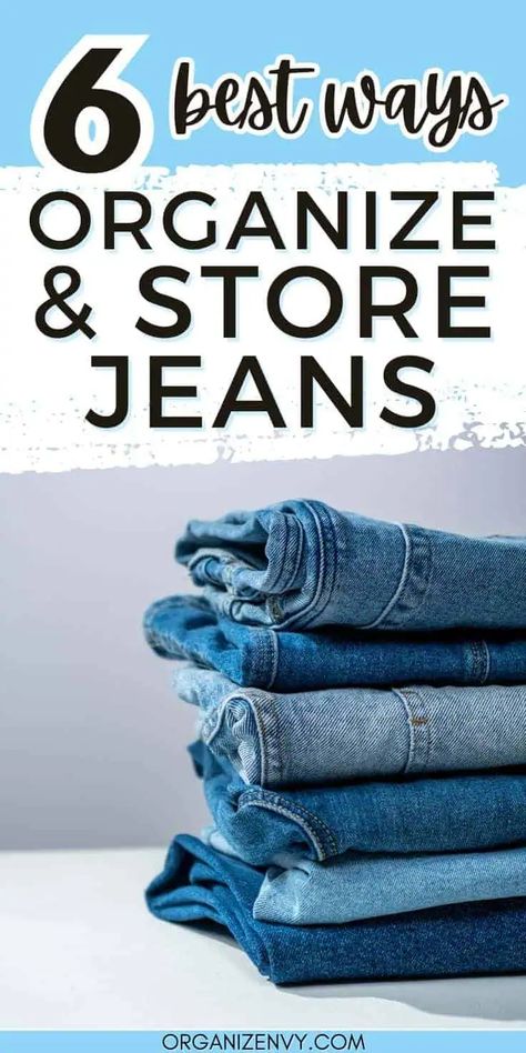 We love our jeans, but they can overtake our space! Learn the best ways to fold, hang and store your jeans in a dresser, closet or for travel & seasonal storage. Organize Jeans, Short Storage, How To Fold Jeans, How To Fold Pants, Jean Organization, Dresser Closet, Seasonal Storage, Pants Organization, Pant Storage