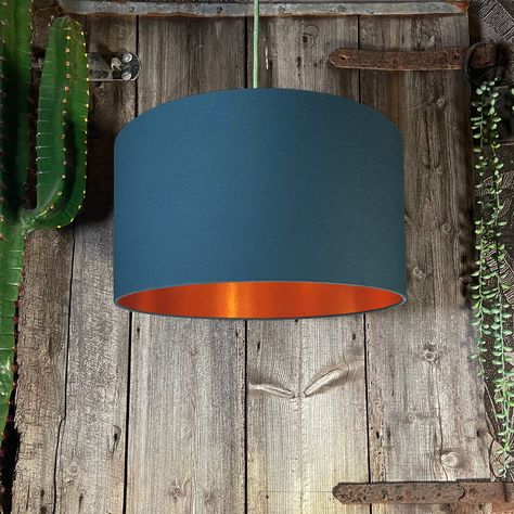 Petrol Blue Cotton Lampshade With Copper Foil Lining | Love Frankie Lamps Floor, Brushed Copper, Silk Wallpaper, Statement Lighting, Drum Lampshade, Petrol Blue, Ceiling Rose, Gold Line, Copper Foil