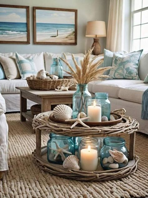 Coastal Chic Home, Build An Outdoor Kitchen, Sheer White Curtains, Room Oasis, Coffee Table Centerpiece, Nautical Artwork, Deco Marine, Coastal Decorating Living Room, Beach House Living Room