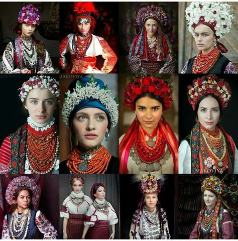 Ukrainian women wearing traditional Ukrainian outfits and jewellery and flower headpieces Ukrainian Wedding, Flower Head Wreaths, Ukrainian Clothing, Ukrainian Dress, Ethno Style, European Outfit, Ukrainian Art, Flower Headpiece, Folk Fashion