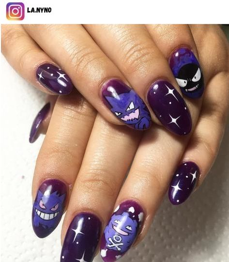 Game Nail Art, Gengar Nail Art, Gaming Nails, Pokemon Nails Gengar, Mimikyu Nails, Squirtle Nails, Geek Nails, Pokemon Nail Art Designs, Ditto Nails