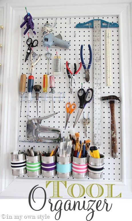 Tool Organizer - men in my life have always done this in their garages. I never thought about prettying it up for inside! Could be used for jewelry as well! Organize Tools, Tool Room, Studio Organization, Craft Room Office, Crafting Supplies, Sewing Rooms, Creative Wall, Craft Room Organization, Own Style