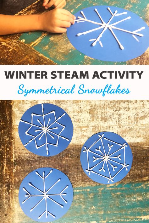 Here’s one of our favorite winter STEAM projects that combines math and art - creating symmetrical snowflakes!  Use Q-tips to create symmetrical shapes that result in beautiful snowflakes. Winter Camp Crafts, Winter Mindfulness Activities, Winter Crafts For Elementary Students, Afterschool Club Ideas, Winterfest Decorations, Winter Camp Ideas, Winter Crafts Kindergarten, Winter Camp Activities For Kids, Frozen Activities For Kids