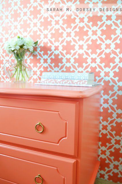 Dresser painted in Ardent Coral Sherwin Williams.  Sarah M. Dorsey Designs Coral Painted Furniture, Coral Dresser, Coral Furniture, Coral Paint Colors, Coral Pantone, Painted Furniture Colors, Perfect Paint Color, Best Paint Colors, Painting Furniture