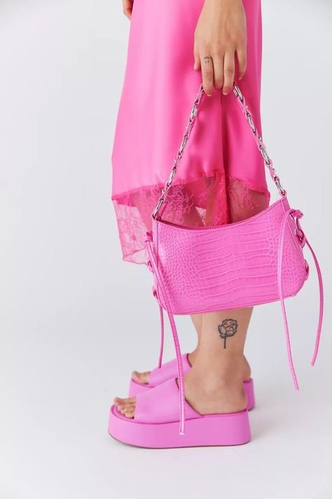 Frilly Skirt, Bright Pink Dresses, Mary Jane Platform Shoes, Chunky Platform Sandals, Urban Outfitters Shoes, Pink Platforms, Short Heels, Think Pink, Pink Sunglasses