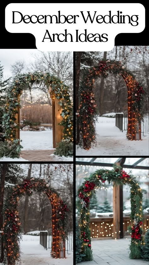 Beautiful December wedding arch decorated with winter greenery and lights. Pine Wedding Arch, Winter Vineyard Wedding, Christmas Wedding Arch Ideas, Shoot Setup Ideas, Winter Wedding Ceremony Ideas, Winter Wedding Garland, Winter Wedding Arches, Winter Wedding Arch Ideas, Christmas Wedding Arch