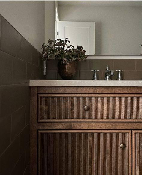 Dark Brown Bathroom, Brown Vanity, Brown Bathroom Vanity, Dark Wood Bathroom, Dark Brown Cabinets, Powder Room Vanity, Cozy Bathroom, Barn House Design, Wood Bathroom Vanity