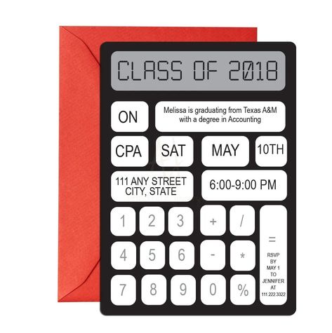 Accounting themed graduation invite in calculator shape. Accounting Party Ideas, Accounting Graduation Party Ideas, Accountant Graduation Party, Accounting Graduation Party, Graduation Party Planning, College Graduation Parties, Grad Photoshoot, Fashion Terms, Graduation Party Supplies