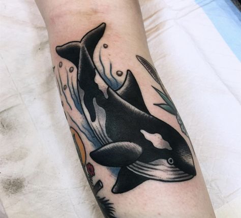 Old School Whale Tattoo, Traditional Orca Tattoo, Space Whale Tattoo, Orca Whale Tattoo, Killer Whale Tattoo, Dragon Tattoo Arm, 2023 Tattoo, Orca Tattoo, Whale Tattoo