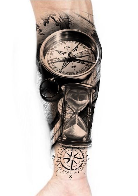 Sand Clock Tattoo Design, Compass Tattoo Design, Clock Tattoo Design, Sand Clock, Compass Design, Clock Tattoo, Old Watches, Angel Tattoo, Angel Tattoo Men