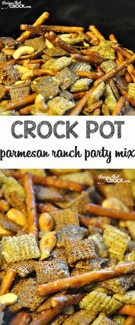 Check out this  oh-my-goodness-good Crock Pot Parmesan Ranch Party Mix! It is amazing! Chex Mix Crock Pot, Ranch Chex, Crockpot Snacks, Ranch Chex Mix, Ranch Party, Parmesan Ranch, Party Mix Recipe, Holidays Recipes, Chex Mix Recipes