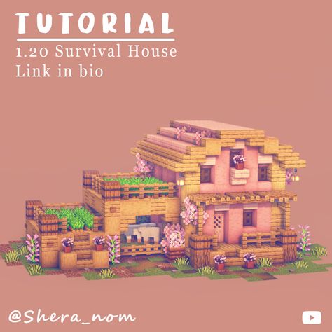 Minecraft Pastel House, Pink Barn Minecraft, Cherry Wood House Minecraft, Cute Small Minecraft Builds, Cherry House Minecraft, Cherry Wood Minecraft House, Minecraft Genshin, Minecraft Update, Survival House