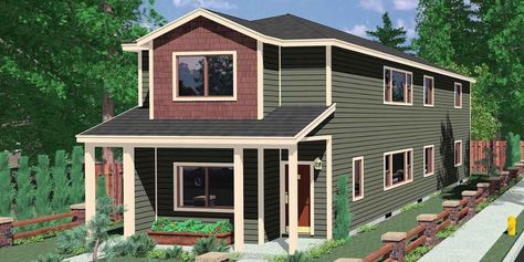 Stacked Duplex House Plans For Narrow Lots, D-552 | Bruinier & Associates Duplex House Plans With Garage, House Plans With Garage, Duplex Floor Plans, Narrow House Plans, Playhouse Plans, Cottage Plans, Beach Rental, Duplex Plans, Narrow Lot House Plans