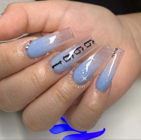 Insta: @/by.dcnails 21st Birthday Nails Blue, 1999 Nail Design, Icy Nails Acrylic, Chicana Nails Acrylic, 21st Birthday Nails Acrylic, Chola Nails Designs, 22nd Birthday Nails, Unholy Thoughts, Nails Coffin Long