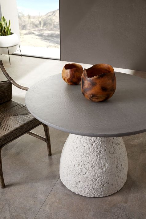 Simple in form, rich in detail- the Ogden Entry Table offers a bold use of natural material and modern design. Crafted from a lava stone top and a lightweight pumice concrete base. The design balances the perfect ratio of varying tones and textures — from the circular ash-finished top with a chattered detail to a white pedestal base with a crater-like façade. Simple Tables, White Pedestal, Hand Carved Teak, Stone And Wood, Arteriors Home, Lighting Decor, Entry Table, Accessories Decor, Vase Set