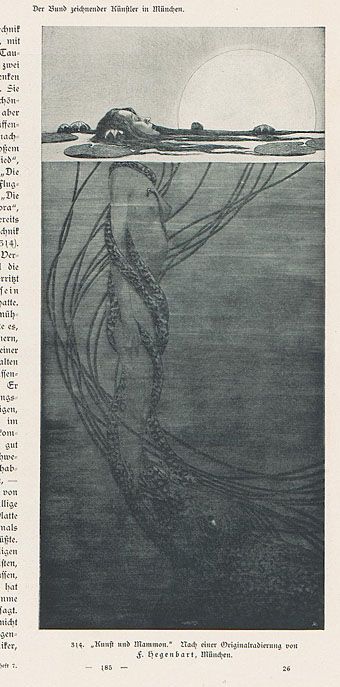 The art of Fritz Hegenbart, 1864–1943 Water Nymphs, Albrecht Durer, Mermaids And Mermen, Mermaid Art, Arts And Crafts Movement, In The Ocean, Gustav Klimt, Sirens, A Drawing