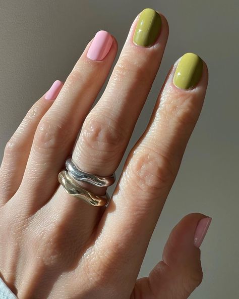 27 Colourful Nail Designs I'm Saving for My Next Manicure | Who What Wear UK 2 Color Manicure, Cute Color Combos For Nails, Late Summer Manicure, Pink And Green Gel Nails, Different Colour Nails On Each Hand, Nail Color Combo Ideas, Nail Colour Combos, Multi Color Fall Nails, Two Color Nails On Each Hand