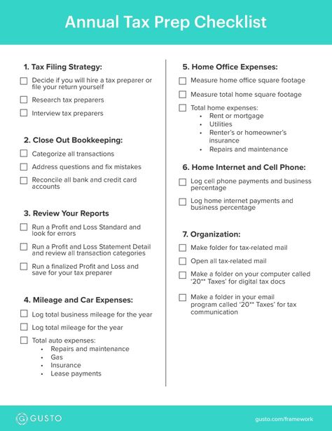 How to File Your Small Business Taxes [Free Checklist] | Gusto Tax Prep Checklist, Tax Checklist, Prep Checklist, Business Taxes, Business Tax Deductions, Tax Write Offs, Business Bookkeeping, Small Business Tax, Small Business Bookkeeping