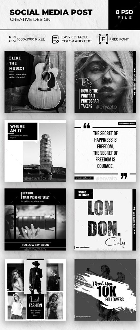 #Instagram #Social Media Pack - Social Media #Web Elements Black And White Social Media Template, Black White Social Media Design, Instagram News Post Design, Black And White Social Media Design, News Social Media Design, Social Media Black And White, White Topography, Black And White Social Media, Socmed Design