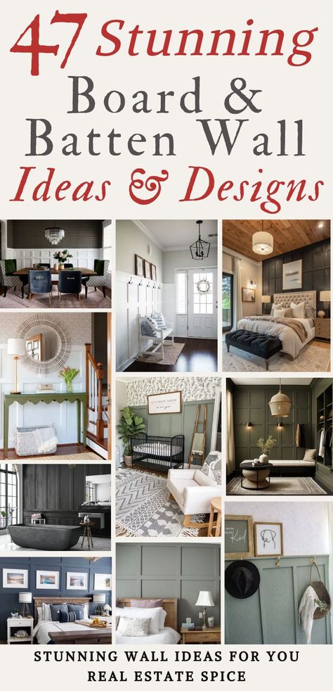 Transform your home with these 47 stunning board and batten wall ideas! Whether you're looking to elevate your bathroom, living room, or bedroom, these designs offer something for everyone. Explore creative ways to make your hallway or entryway pop with style or add a touch of charm to your nursery or foyer. From sleek modern lines to rustic textures, these ideas will inspire your next home project. Don’t miss out on the trend that’s redefining home decor! RealEstateSpice.com #WallIdeas Board And Batten Foyer, Hallway Accent Wall, Board And Batten Wall Ideas, Batten Wall Ideas, Farmhouse Style Trim, Dark Brown Walls, Batten Wall, Half Walls, Board And Batten Wall