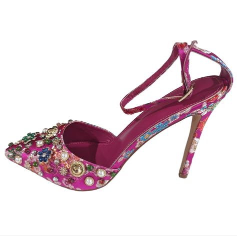 Azalea Wang Embellished Pumps In Fuchsia Features Floral Satin Upper, Pointed Toe Silhouette, Ornate Rhinestones And Gems, A Cushioned Insole, And Stiletto Heel, Strappy Ankle Buckle Closure And Faux Gold Hardware. All Measurements Approximate From Size 9 New In Box Condition. Textile Upper, Pointed Toe, Stiletto Heel 4.5” Gem Heels, Azalea Wang, Stiletto Heel, Ariel, Gold Hardware, Shoes Women Heels, Pink Purple, Stiletto Heels, Personal Style