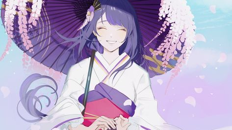 Oil Paper Umbrella, Paper Umbrellas, Raiden Shogun, Closed Eyes, A Silent Voice, Hair Ornaments, Purple Hair, Anime Character, Genshin Impact