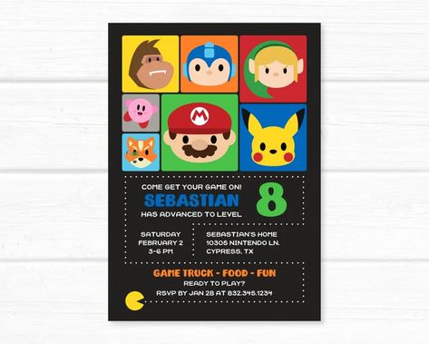 ​​﻿﻿​​​Video Game Invitation. Video Game Truck Birthday Party - Etsy Smash Bros Party, Super Smash Bros Party, Game Truck Birthday Party, Gaming Birthday, Like Pokemon, Gamer Birthday, Truck Birthday Party, Trucks Birthday Party, Invitation Video