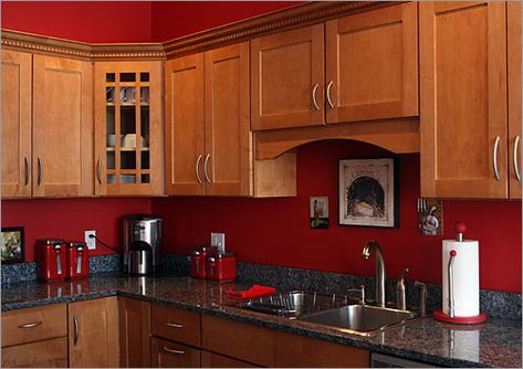 red Red Kitchen Walls, Kitchen Color Red, Oak Kitchen Cabinets, Brown Cabinets, Kitchen Walls, Kitchen Wall Colors, Brown Kitchens, Kitchen Paint Colors, Oak Kitchen