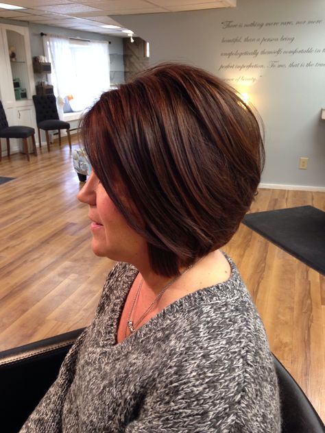 This layered bob allows her to still have volume through the crown by relieving weight through the bottom with 45 degree layering. Crown Volume Haircut, 45 Degree Haircut, Graduation Haircut, Graduated Hair, Degree Haircut, Volume Haircut, Graduated Haircut, Layer Hair, Haircut Pictures