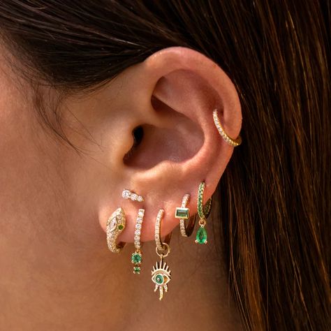 Gold And Emerald Earring Stack, Emerald Earring Stack, Emerald Ear Stack, Emerald And Gold Earrings, Stacked Piercings, Earring Stacks, Dainty Choker Necklace, Bridal Jewels, Cool Ear Piercings