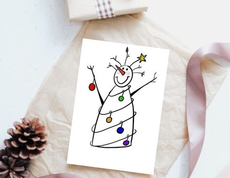 Snowman Christmas Cards, Christmas Cards Kids, Christmas Doodles, Christmas Card Art, Christmas Card Crafts, Card Drawing, Printable Christmas Cards, Printable Christmas, Christmas Watercolor