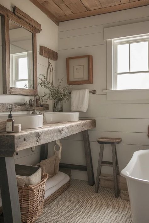 "Transform your bathroom with the warm charm of Farmhouse Chic Decor! 🛁🌾 Ideal for adding a touch of rustic elegance to your space. 🌿✨ #FarmhouseStyle #BathroomInspo #RusticDecor" Farmhouse Chic Bathroom, Timeless Bathroom Design, Rustic Farmhouse Bathroom, Farmhouse Bathroom Vanity, Timeless Bathroom, Bathroom Farmhouse Style, Vanity Ideas, Diy Vanity, Modern Farmhouse Bathroom