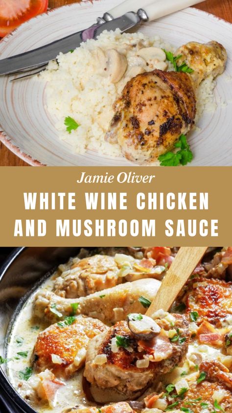 Jamie Oliver White Wine Chicken and Mushroom Sauce White Wine Mushroom Chicken, Chicken And Mushroom Sauce, Mushroom Sauce For Chicken, Jamie Oliver Chicken, Chicken Wine, White Wine Chicken, Wine Chicken, Cream Sauce For Chicken, Sauteed Potatoes