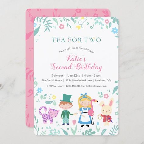 Alice in Wonderland Tea for Two Second Birthday Invitation Invitations Pink, Alice In Wonderland Birthday, Baby Shower Tea, Pink Baby Shower Invitations, 2nd Birthday Invitations, 1st Birthday Invitation, Tea For Two, Girl 2nd Birthday