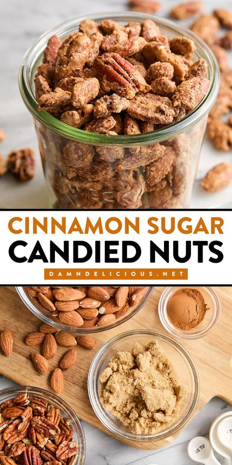 Don't miss out on this candied nut recipe! Coated in cinnamon sugar goodness, it's definitely a Christmas dessert to impress. This easy Christmas treat is also a perfect edible gift for family and friends! Nut Cups Recipe, Candied Pecans Easy, Homemade Snack Recipes, Candy Almonds Recipe, Easy Christmas Treat, Cinnamon Hard Candy, Candied Nuts Recipe, Homemade Snacks Recipes, Candy Homemade