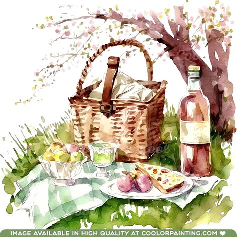 Picnic Clipart, Watercolor Picnic, Romantic Scenery, Picnic Scene, Countryside View, Paints And Brushes, Spring Picnic, Watercolor Spring, Scenery Nature