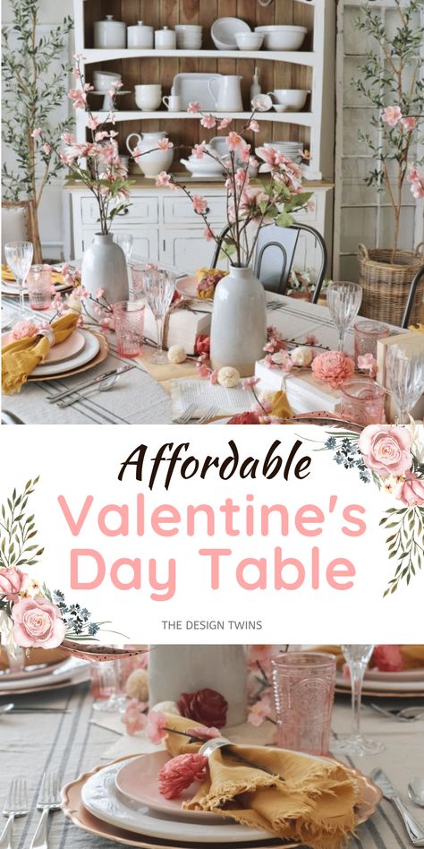 Want to decorate your dining room table for Valentine's day on a budget? We've got you covered! Learn how to create a stunning Valentine's Day tablescape with help from The Design Twins. Whether you are looking for Valentine’s Day tablescape inspiration or springtime tablescapes, this post is going to offer you plenty of budget friendly ideas. We will share budget-friendly decorating tips, versatile ways to create seasonal decor, and plenty of Valentine’s-inspired beauty. Decor For Dining Table, Decor Tips And Tricks, Vintage Burlap, Tablescape Inspiration, Home Budget, Kitchen Table Decor, Budget Friendly Decor, Spring Table, Decor Tips