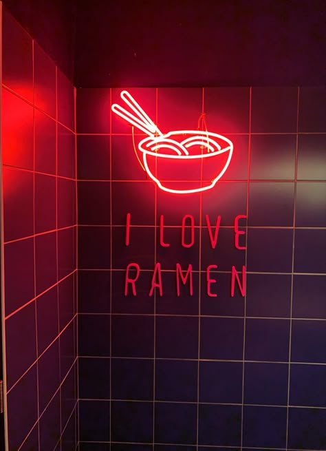 Led red neon sign with an image of a ramen bowl that says “I love ramen” Ramen Aesthetic Art, Ramen Wallpaper Aesthetic, Izakaya Aesthetic, Aesthetic Korean Restaurant, Ramen Restaurant Aesthetic, Ramen Aestethic, Ramen Shop Aesthetic, Ramen Noodles Aesthetic, Ramen Aesthetics